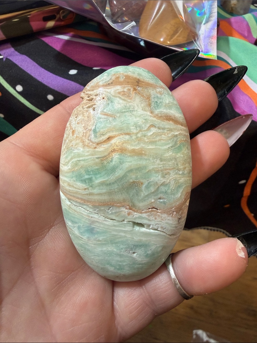Hand-Polished Green and Brown Stone Palm Stone - No Brand